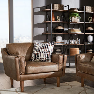 Hewett Italian Leather Accent Chair Mid-century Oak Legs Feather Cushion