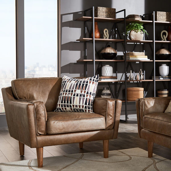 Hewett Italian Leather Accent Chair Mid-century Oak Legs Feather Cushion
