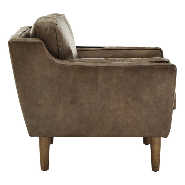 Hewett Italian Leather Accent Chair Mid-century Oak Legs Feather Cushion