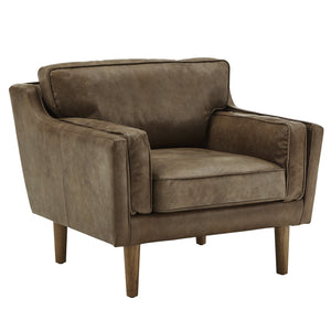 Hewett Italian Leather Accent Chair Mid-century Oak Legs Feather Cushion