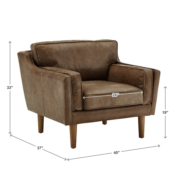 Hewett Italian Leather Accent Chair Mid-century Oak Legs Feather Cushion