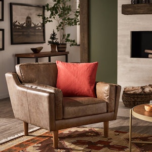 Hewett Italian Leather Accent Chair Mid-century Oak Legs Feather Cushion