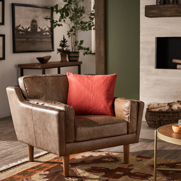 Hewett Italian Leather Accent Chair Mid-century Oak Legs Feather Cushion