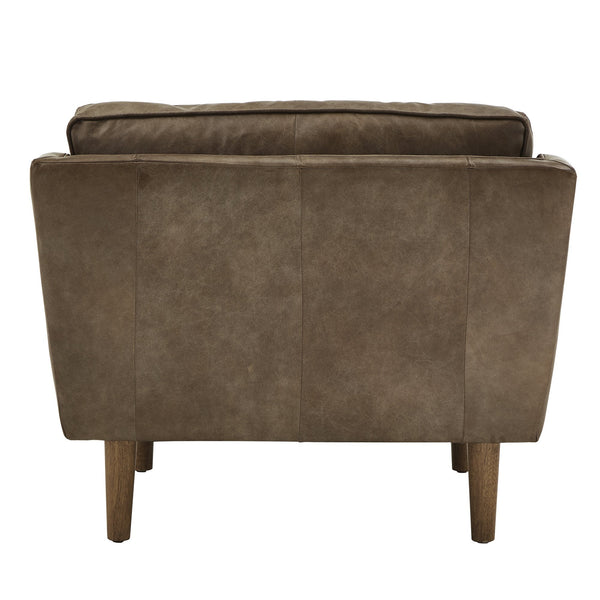 Hewett Italian Leather Accent Chair Mid-century Oak Legs Feather Cushion