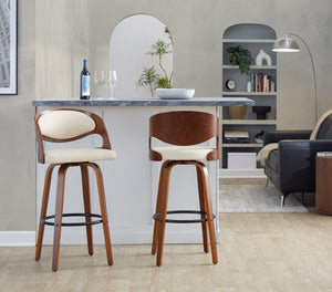 English Elm Fixed-height Swivel Barstools with Walnut Bentwood Legs and Cream Upholstered Seats Set B202S01930