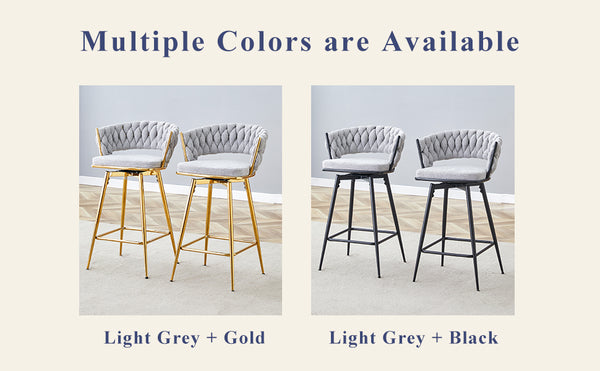 English Elm Two swivel bar stools set with breathable cotton-linen seats, 360° rotation, anti-rust electroplate frame Dark Gray W2920P281918