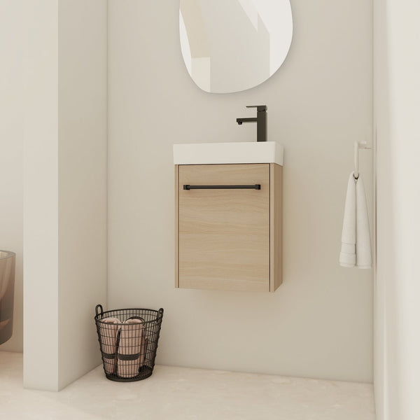 English Elm 16'' Floating Wall-Mounted Bathroom Vanity with Ceramic Basin, Soft-Close Door, Water-Resist Finish Light Oak W999P236336