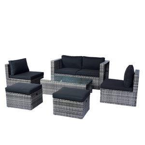 English Elm 6 Piece Patio Wicker Sectional Set with Space-Saving Nesting Design, Steel Frame, Tempered Glass Table and Weatherproof Cushions Grey+Black W329S00054