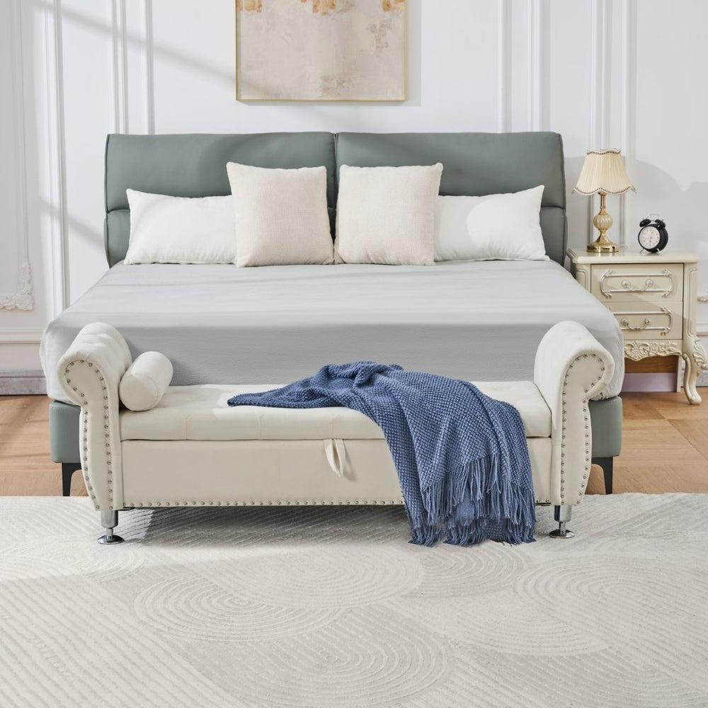 English Elm 62.2 Inch Velvet Tufted Storage Bench Crystal Button Bedroom Foot of Bed Seat Beige W288P401771