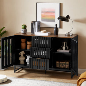 English Elm 3 Drawer Black Dresser with 4 Shelves and Slatted Grille Doors — Modern MDF Sideboard, Durable Metal Legs, Ample Storage for Bedroom & Living Room W578P193314