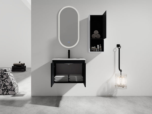 English Elm 24" Wall-Mounted Bathroom Vanity Set With Soft Close Doors, Ceramic Sink, And Side Cabinet Storage W999S00330