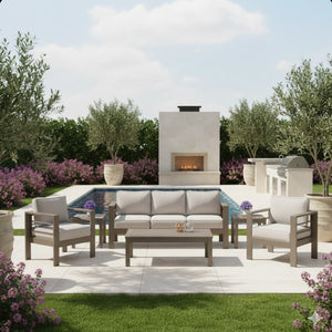 English Elm All-weather Outdoor 4 Piece Iron Conversation Set with Olefin Cushions and Wood Grain Table Beige B082S00103