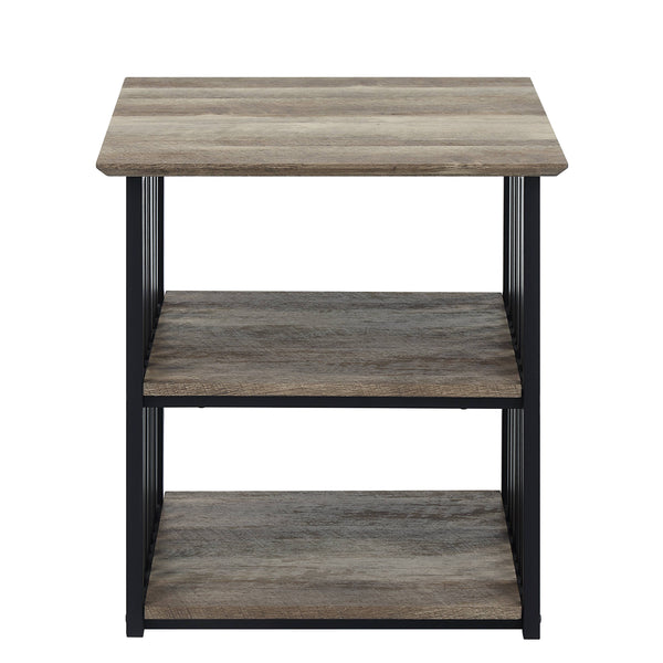 English Elm Antique Rustic Oak Nightstand with Black Slatted Metal Frame, 3-Shelf Industrial Charm for Bedroom Storage B062P209017