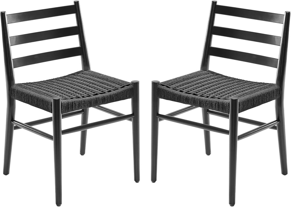 English Elm Dining Chairs with Handwoven Rope Seats and Iron Frame Mid Century Modern Set of 2 Black T3623P438626