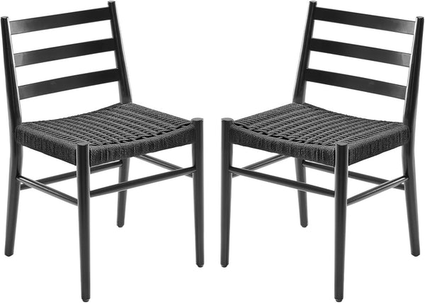 English Elm Dining Chairs with Handwoven Rope Seats and Iron Frame Mid Century Modern Set of 2 Black T3623P438626
