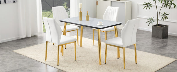 English Elm Table and Chair Set Marble Glass Top Gold Leg Modern Glam Dining Room 5 Piece W1151S04653