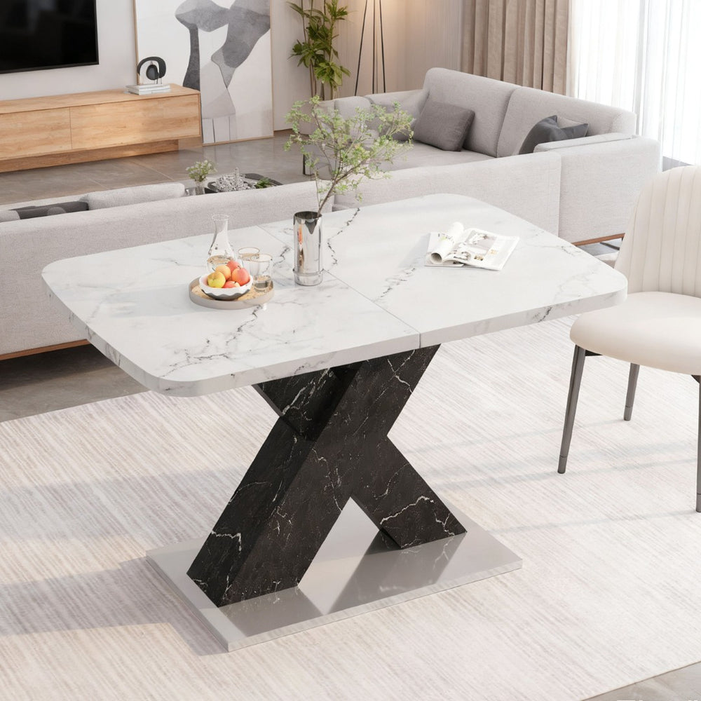 English Elm 47.24"-62.99"modern Extendable Dining Table Marble Print Top with X-base Seats Six W757S00049