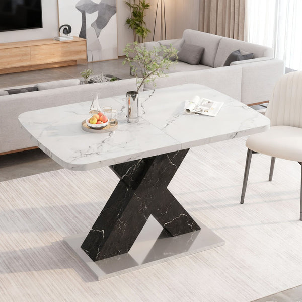 English Elm 47.24"-62.99"modern Extendable Dining Table Marble Print Top with X-base Seats Six W757S00049