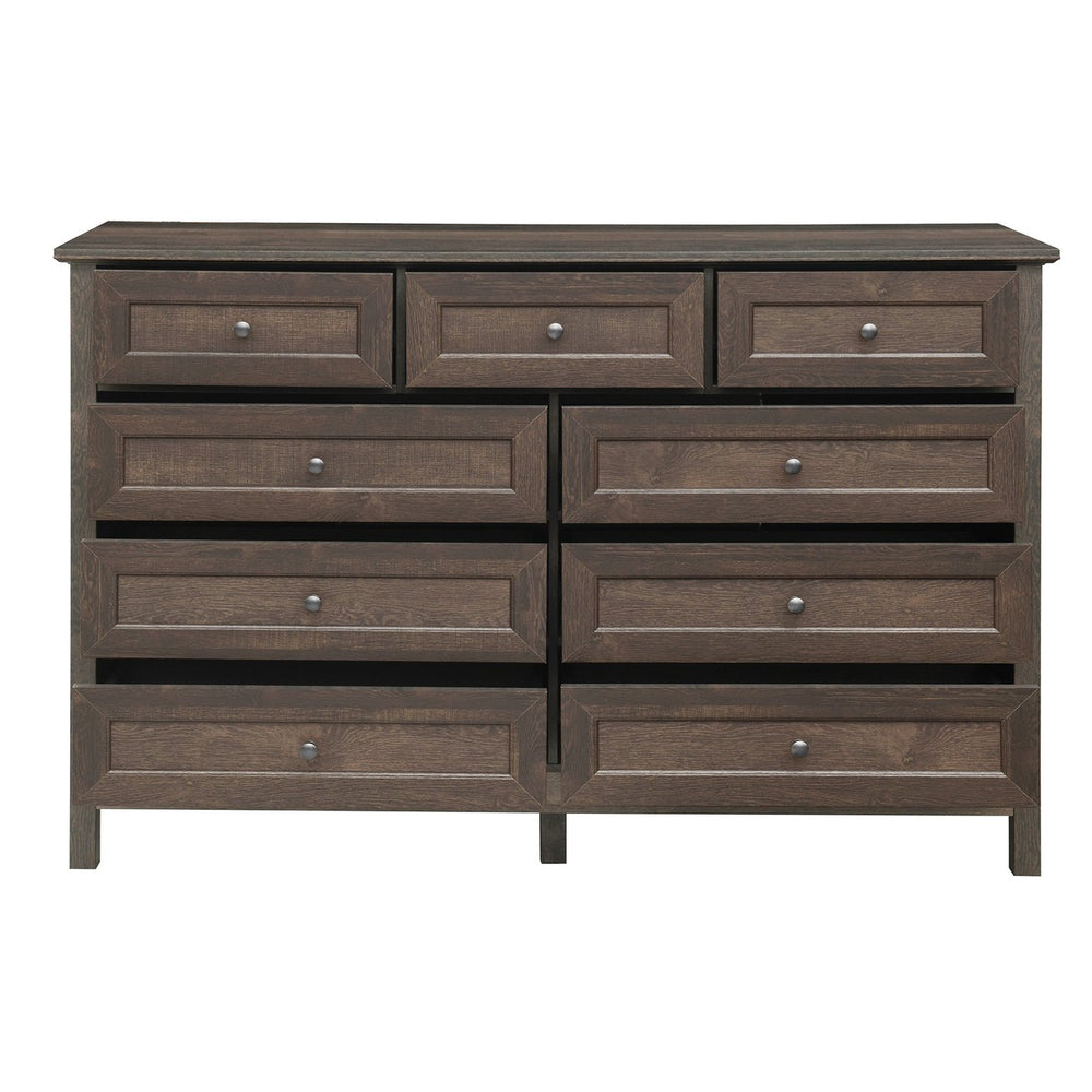English Elm Wood Rustic Storage Dresser with 9 Drawers, Silver Handles and X Side Accents for Stylish Storage Brown N709P288888D