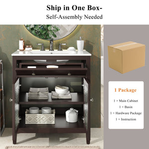 English Elm Christopher Knight Home® - 30" Bathroom Vanity with Ceramic Sink, Solid Wood Legs, Adjustable Shelf, Tip-Out Tray, Soft-Close Hinges, Silver Knobs, Moisture-Resistant Finish Dark Brown N817P286250D