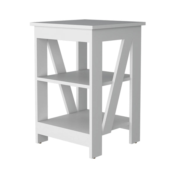 English Elm White Engineered Wood Side Table with 2 Shelves, Modern Compact Accent Table for Living Room Decor B062P193655