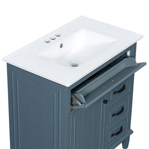 English Elm 30 Inch Freestanding Bathroom Vanity Solid Pine Cabinet Ceramic Sink Top Storage Blue Gray N725P412782C