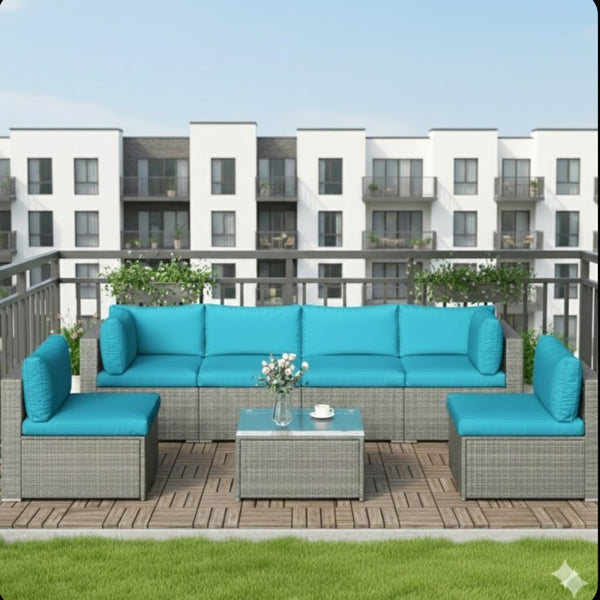 English Elm 7-piece Outdoor Modular Sectional Pe Wicker Patio Set with Tempered Glass Coffee Table Grey+Blue B082S00064