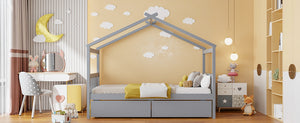 English Elm Twin House Bed Solid Pine Kids Cottage Frame with Storage Drawers Imaginative Room Gray N708P309245E