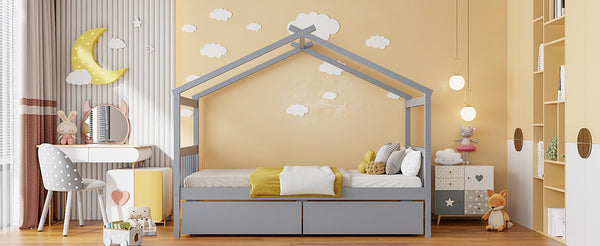 English Elm Twin House Bed Solid Pine Kids Cottage Frame with Storage Drawers Imaginative Room Gray N708P309245E