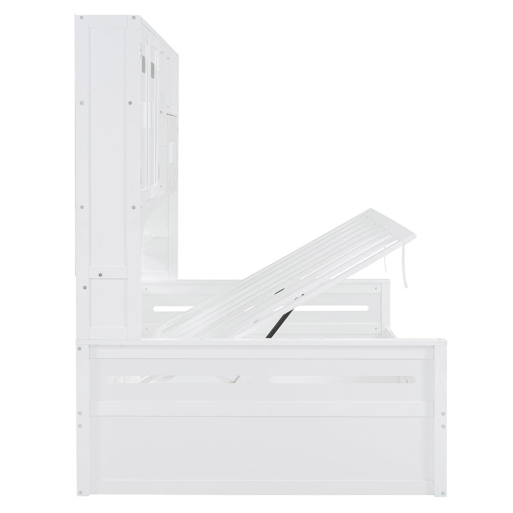 English Elm Full Size Wooden Daybed With Hydraulic Lift, Integrated Storage Cabinet & Stylish Shelving, White N820S00047K