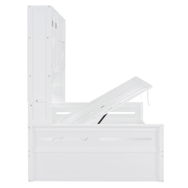 English Elm Full Size Wooden Daybed With Hydraulic Lift, Integrated Storage Cabinet & Stylish Shelving, White N820S00047K