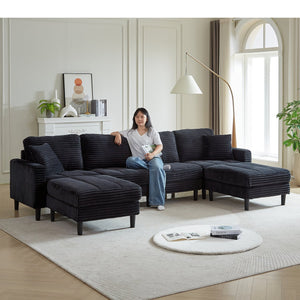 English Elm 122.5-Inch Oversized U-Shaped Modular Sofa Corduroy Sectional with Double Chaise, Ottoman, Pillows and Plastic Legs Black W1193S00121