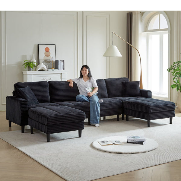 English Elm 122.5-Inch Oversized U-Shaped Modular Sofa Corduroy Sectional with Double Chaise, Ottoman, Pillows and Plastic Legs Black W1193S00121