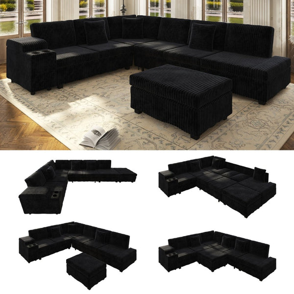 English Elm 110.2" Corduroy Sectional Sleeper Sofa with Ottoman Usb Ports Storage Armrests Living Room Black W3219S00014