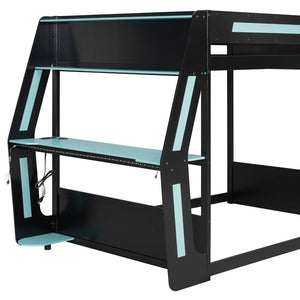 English Elm Full-size Gaming Loft Bed with Integrated Rgb Desk Usb Ports and Esports Frame Blue LT000239AAC