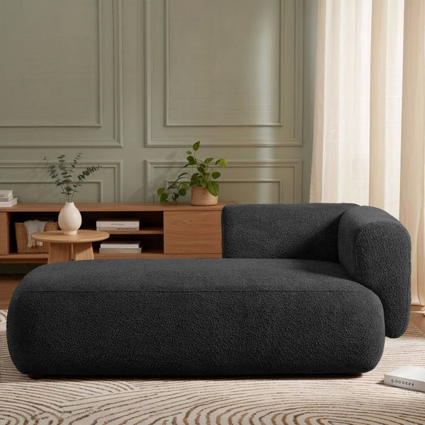 English Elm Upholstered Boucle Chaise Lounge with Wood Legs Vintage Mod Style for Living Room W5515P437374