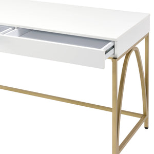 English Elm Lightmane White High Gloss Writing Desk with Gold Metal Legs, 2 Drawers, Sleek Modern Home Office Appeal B2726P305088