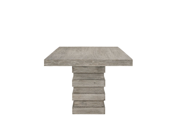 English Elm Faustine Light Oak Salvaged Dining Table with Stacking Block Base, Rubber Wood & Oak Veneer Finish B2726S00475