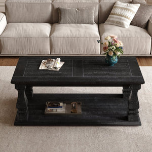 English Elm Farmhouse Coffee Table Solid Planked Wood with Open Shelf Square Baluster Living Room Antique Black W1445P362860