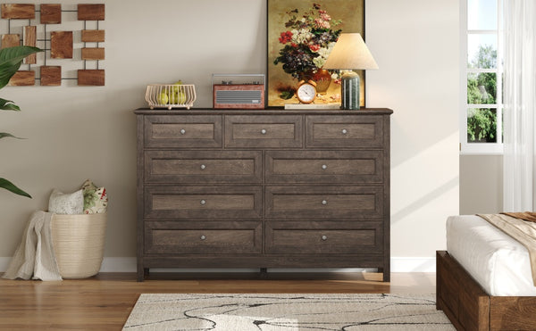 English Elm Wood Rustic Storage Dresser with 9 Drawers, Silver Handles and X Side Accents for Stylish Storage Brown N709P288888D