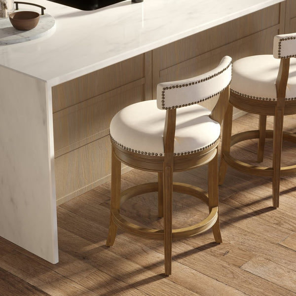 English Elm 26" Counter Height Swivel Barstool Woven Linen Seat Nailhead Trim Solid Wood Frame Pecan B2751P436452
