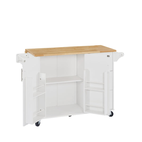 English Elm Kitchen Island Cart with Drop-Leaf Rubberwood Countertop, Rolling Tower Rack, Drawers & Spice Storage White W1820P195005