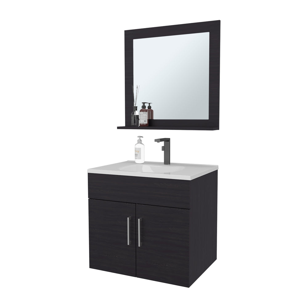 English Elm Wengue Floating 2-Door Bathroom Vanity Set with Sink & Mirror - Sleek Waterproof Wenge Finish, Space-Saving Storage B062P355540