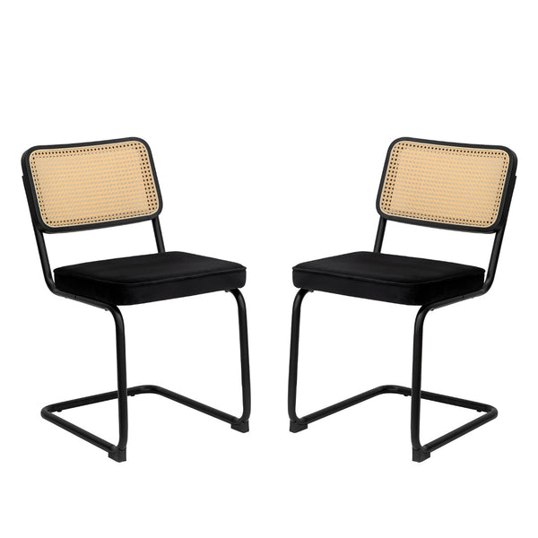 English Elm Dining Chairs Set of 4 Velvet Seat Woven Rattan Back Chrome Cantilever Frame W2105S00004