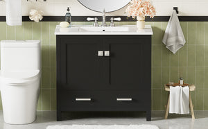 English Elm 36" Black Bathroom Vanity with Ceramic Sink, Soft-Close Doors, Divided Drawer & Double Shelves — Modern Storage Solution for Small to Medium Baths N729P276609B