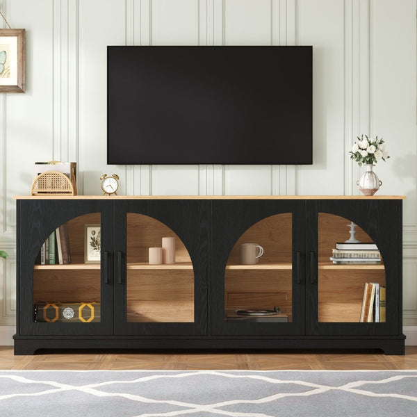 English Elm Farmhouse Media Console with Arched Glass Doors Wood Grain Two Tone Living Room Storage Black N721P411204B