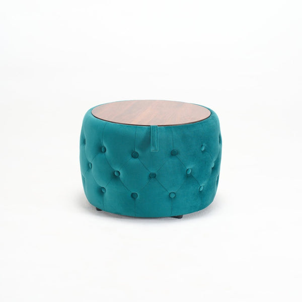 English Elm Ball Cast Round Nesting Ottoman Set Linen Upholstered Hidden Storage with Wooden Tray Blue W3163P379372