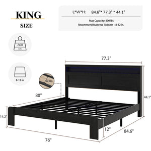 English Elm Bed King Platform Frame with Led Headboard Usb Charging Wood Slats Dark Finish W636P265340