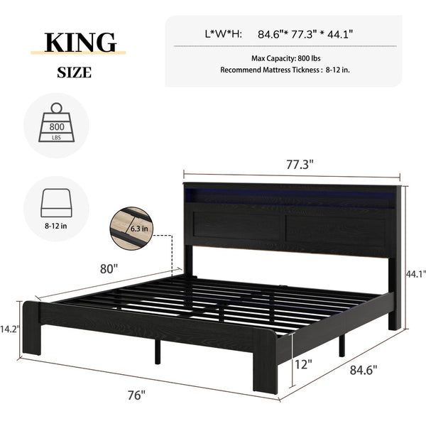 English Elm Bed King Platform Frame with Led Headboard Usb Charging Wood Slats Dark Finish W636P265340
