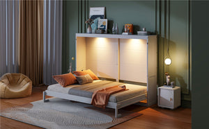 English Elm Queen Murphy Wall Bed with Led Lighting Modern Cabinet Folds Flat for Studio Living White LP100973AAK